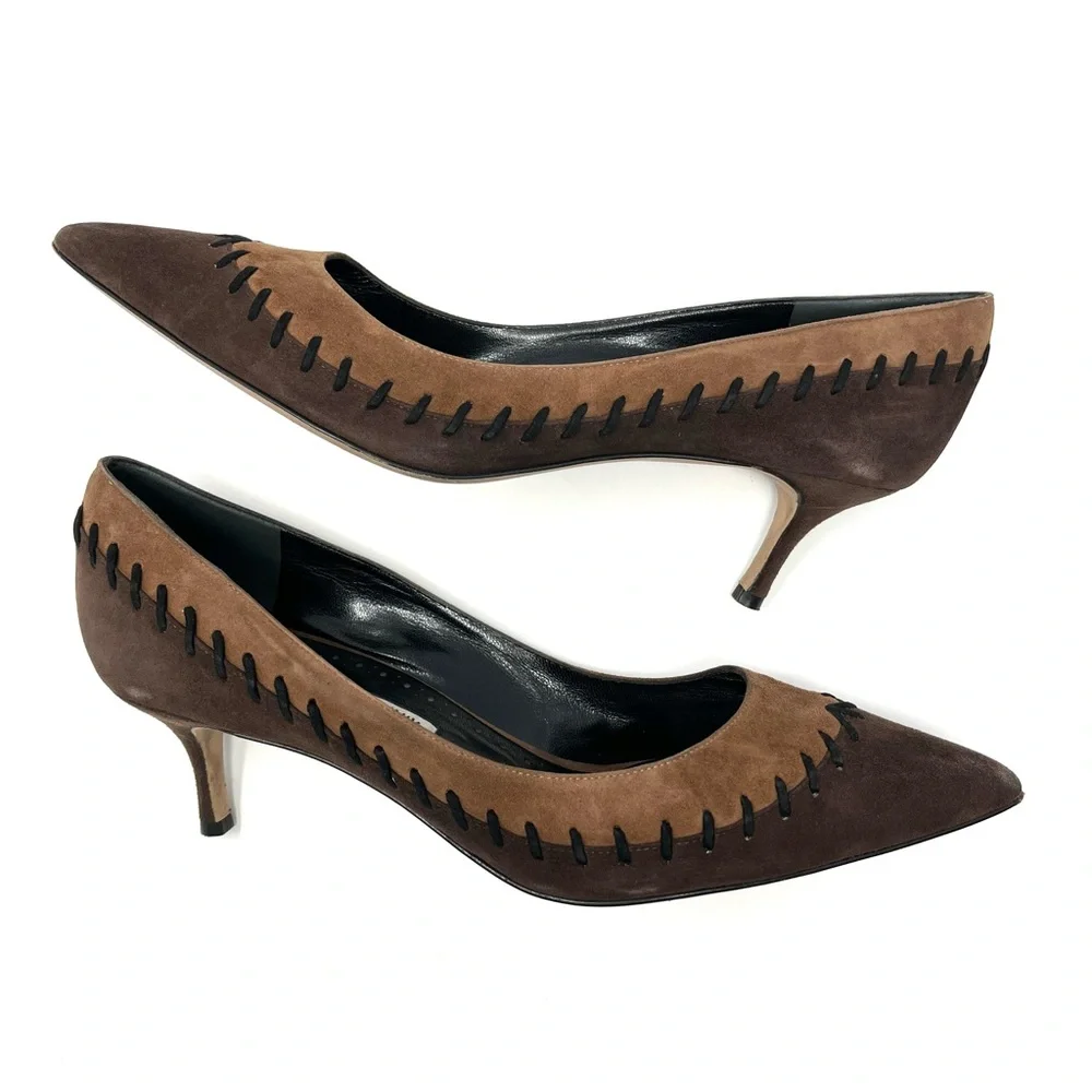 Manolo Blahnik Western Suede Kitten Low Heels Pumps Brown Tan Pointed Toe 40 10